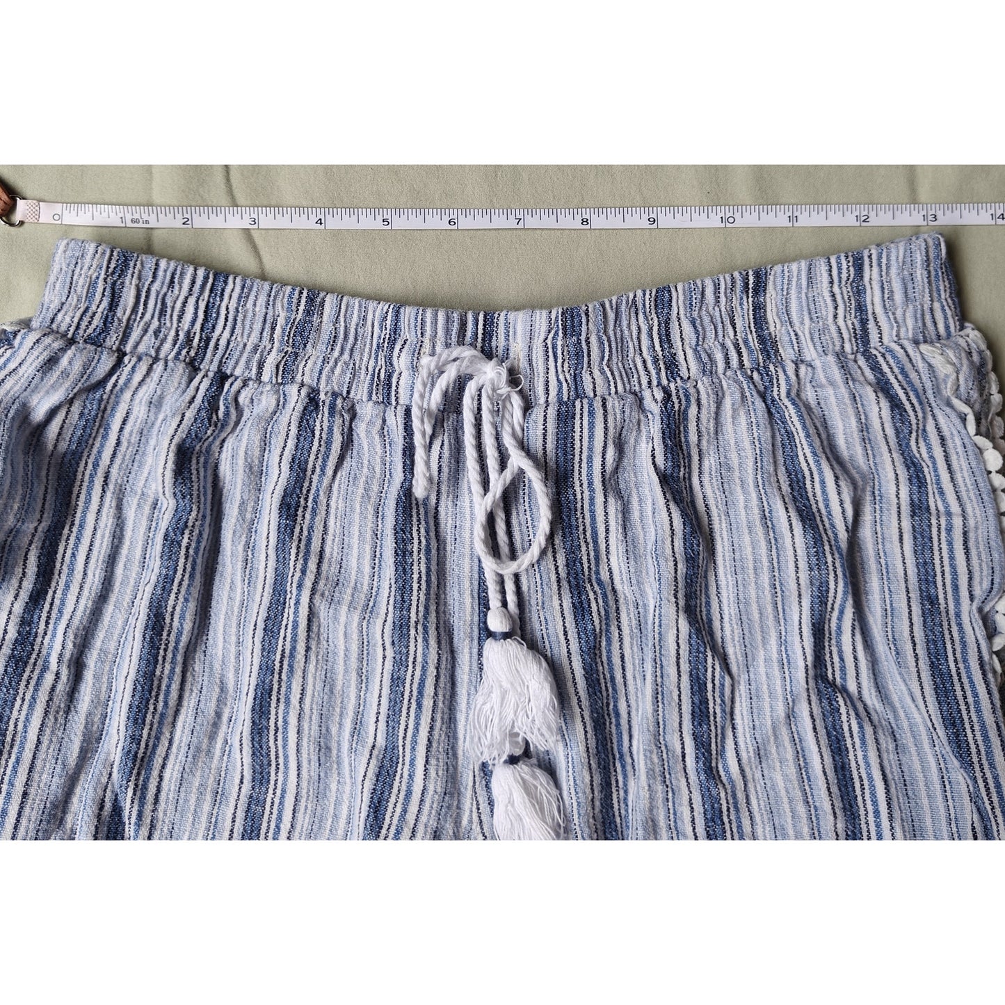 Blue and White Striped Tassel Drawstring Shorts