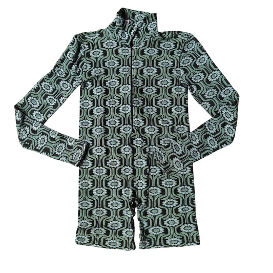 Green and BlueRetro Patterned Long Sleeve Romper
