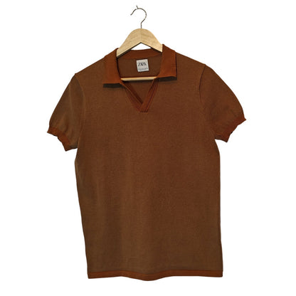 Brown Knit Short Sleeve Polo Shirt