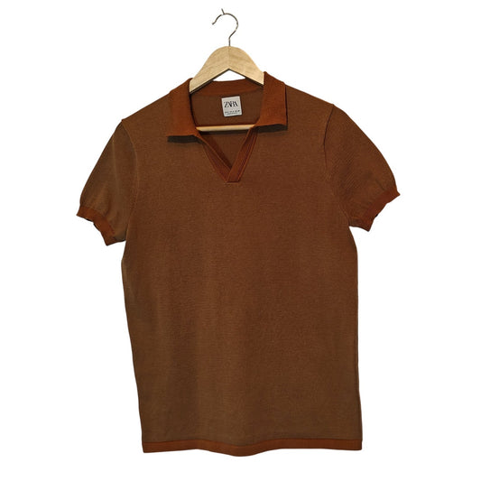 Brown Knit Short Sleeve Polo Shirt