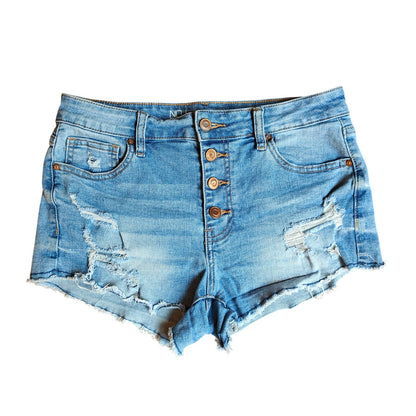 Distressed High Rise Denim Shorts