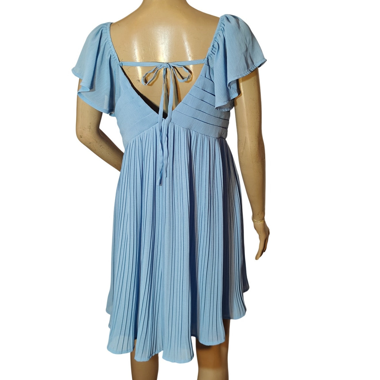 Light Blue Pleated Flutter Sleeve Open Back Dress