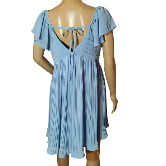 Light Blue Pleated Flutter Sleeve Open Back Dress