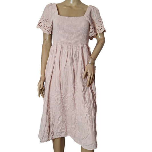 Pink Smocked Puff Sleeve Eyelet Midi Dress