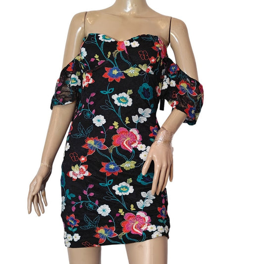 Black Floral Embroidered Off-Shoulder Mini Dress