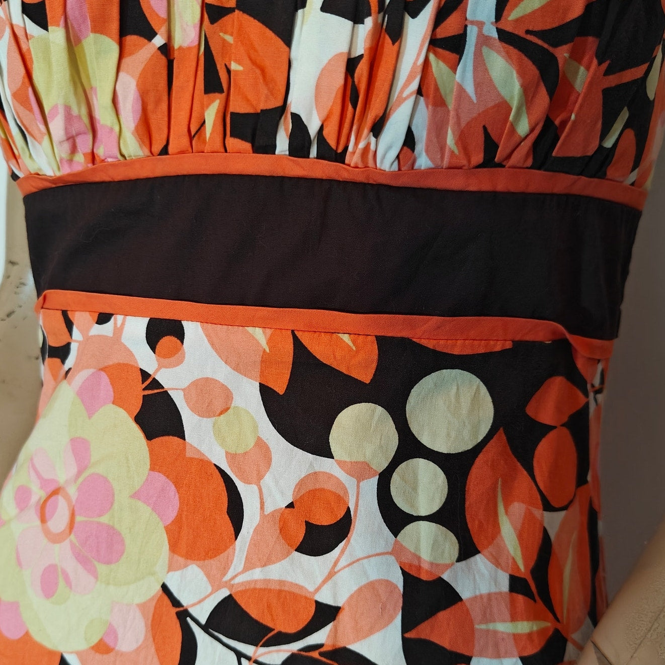 Orange and Brown Floral Empire Waist Midi Dress