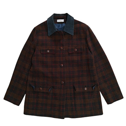 Sport Plaid Wool Jacket Coat w/ Contrast Collar
