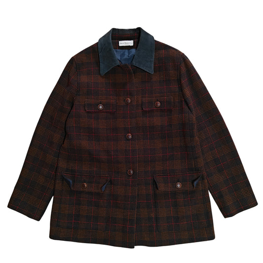 Sport Plaid Wool Jacket Coat w/ Contrast Collar