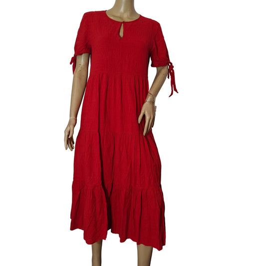 Red Tiered Midi Dress With Puff Sleeves