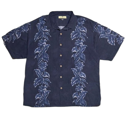 100% Silk Navy Floral Hawaiian Camp Shirt