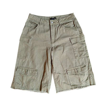 Army Green Cargo Shorts With Frayed Hem