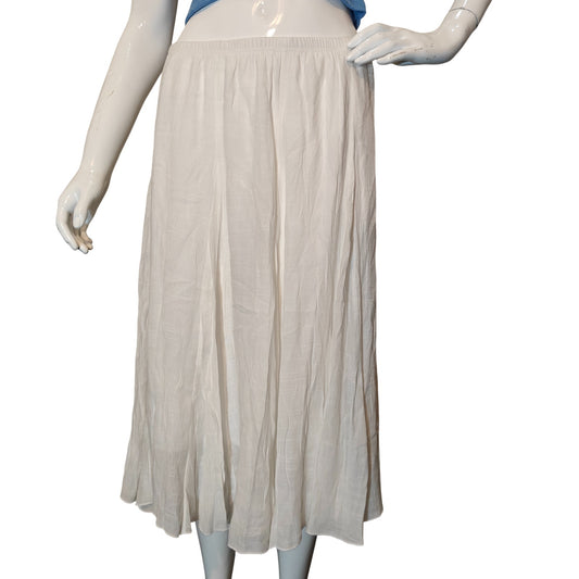 White Flowy Midi Skirt With Elastic Waist