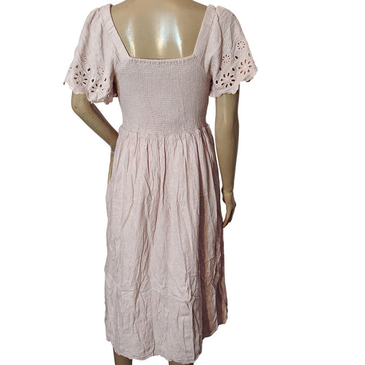 Pink Smocked Puff Sleeve Eyelet Midi Dress