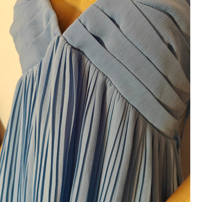 Light Blue Pleated Flutter Sleeve Open Back Dress