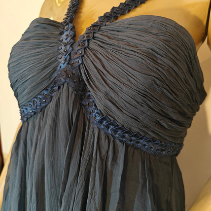 Blue Silk Chiffon Empire Waist Midi Dress