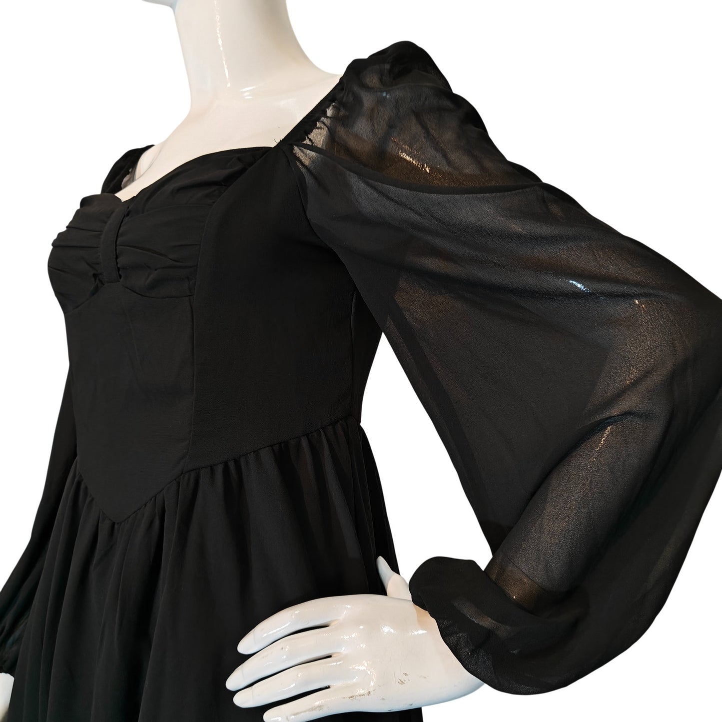 Black Sheer Sleeve Sweetheart Neck Mini Dress