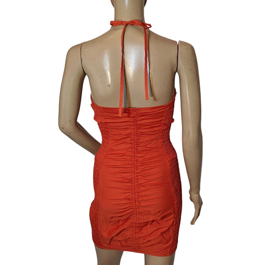 Orange Ruched Halter Mini Dress