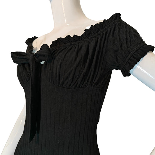 Black Ribbed Off The Shoulder Bodycon Dress