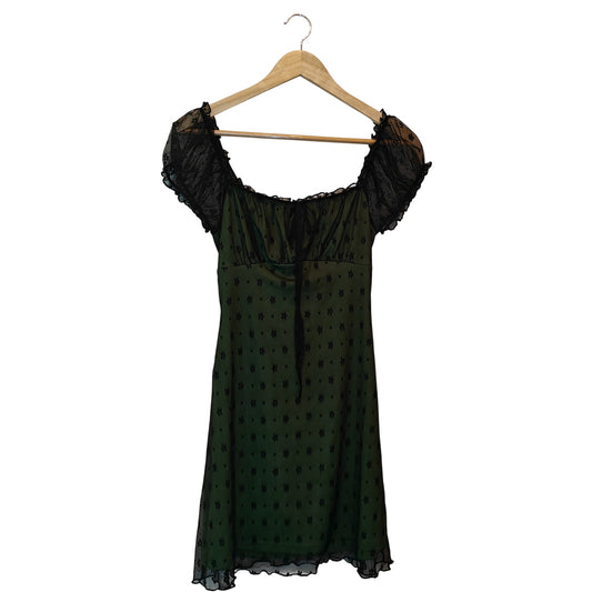 Green Mesh Mini Dress with Black Lace Overlay