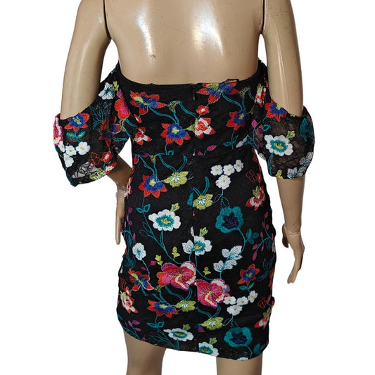 Black Floral Embroidered Off-Shoulder Mini Dress