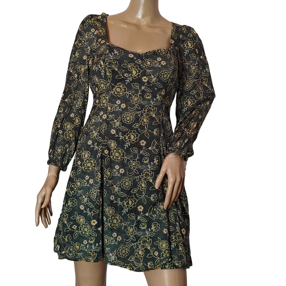 Green and Yellow Floral Long-Sleeve Mini Dress