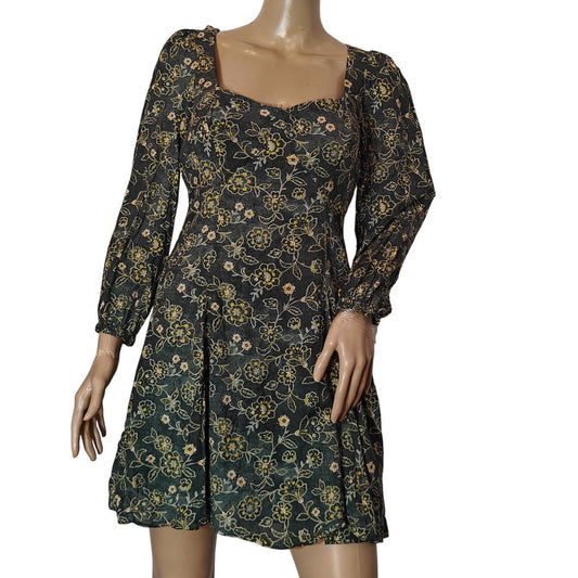 Green and Yellow Floral Long-Sleeve Mini Dress