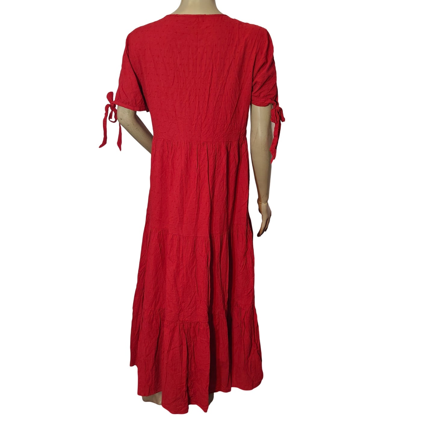 Red Tiered Midi Dress With Puff Sleeves
