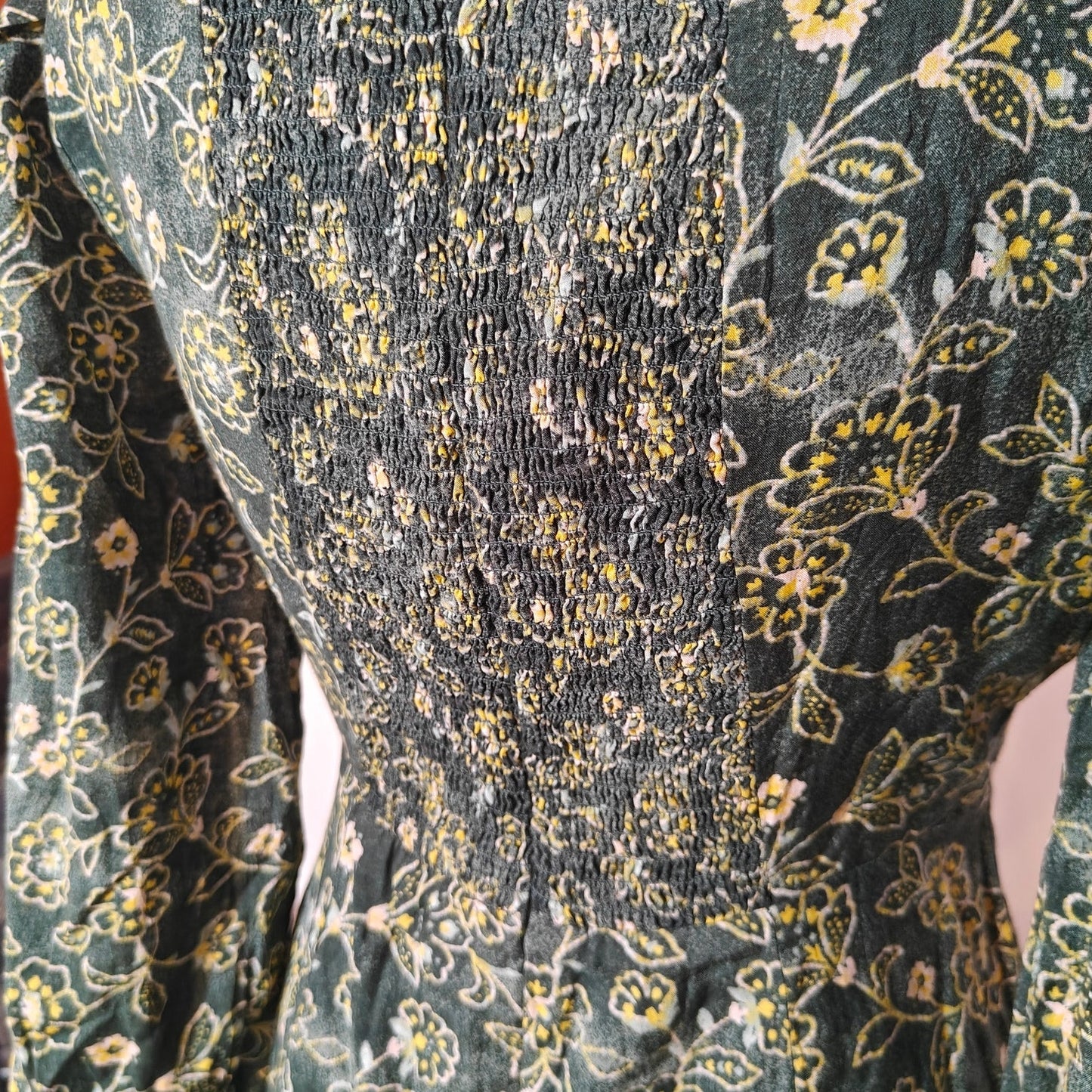 Green and Yellow Floral Long-Sleeve Mini Dress