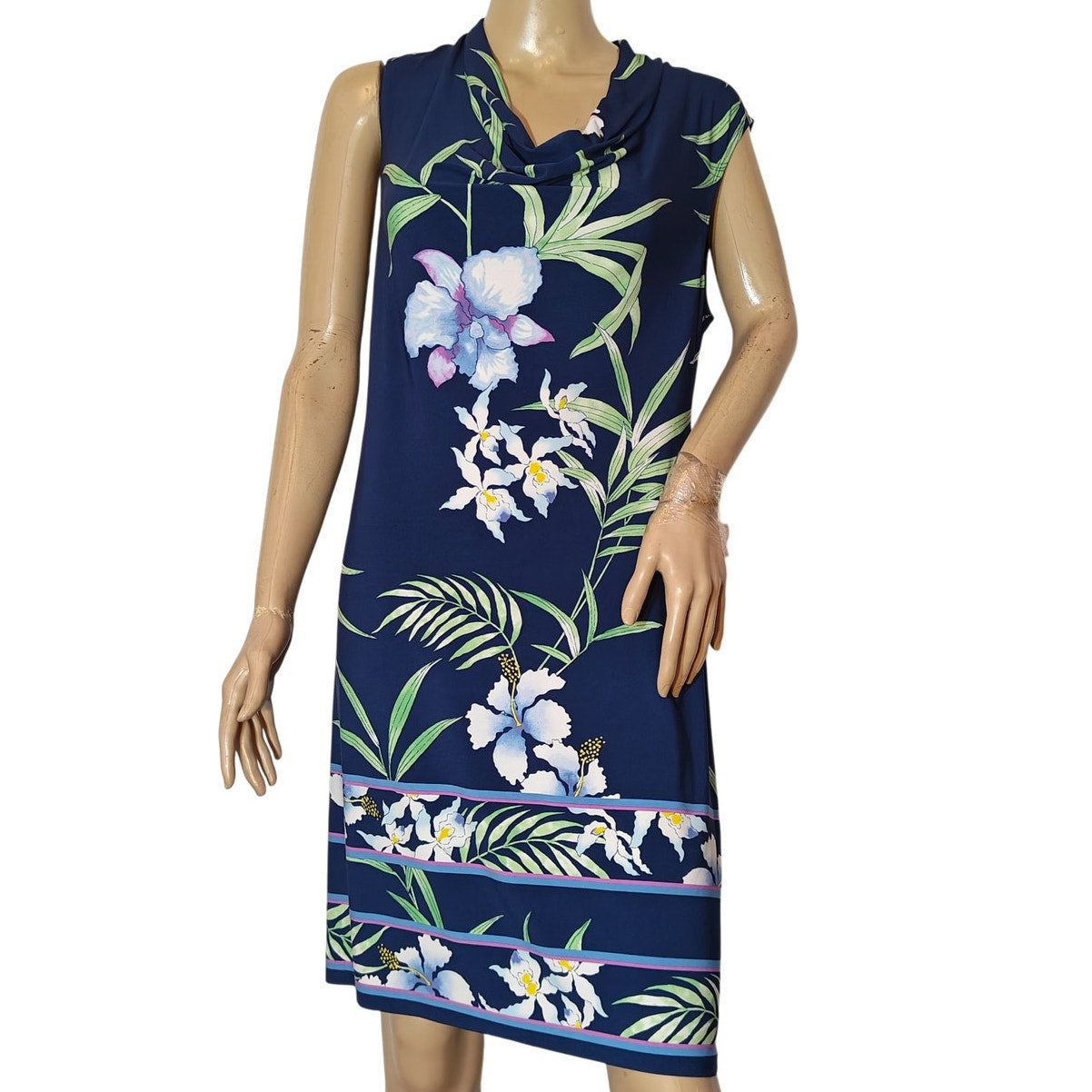 Navy Floral Cowl Neck Sleeveless Dress