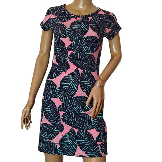 Tropical Print Pink & Navy Stretch T-Shirt Dress