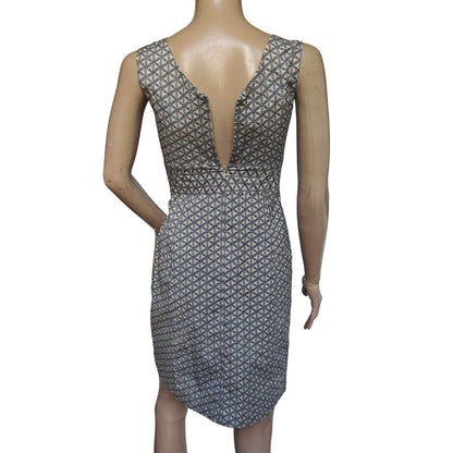 Beige and Black Stretch Geometric Sheath Dress