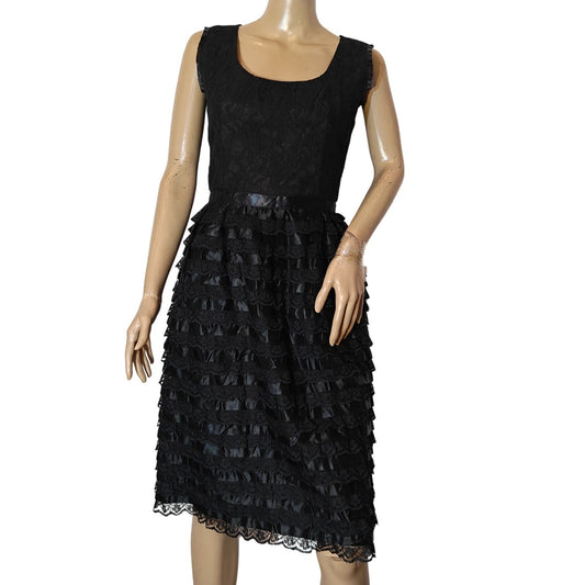 Vintage Marcel Fenez by Roland Klein Black Lace Ruffle Midi Cocktail Dress