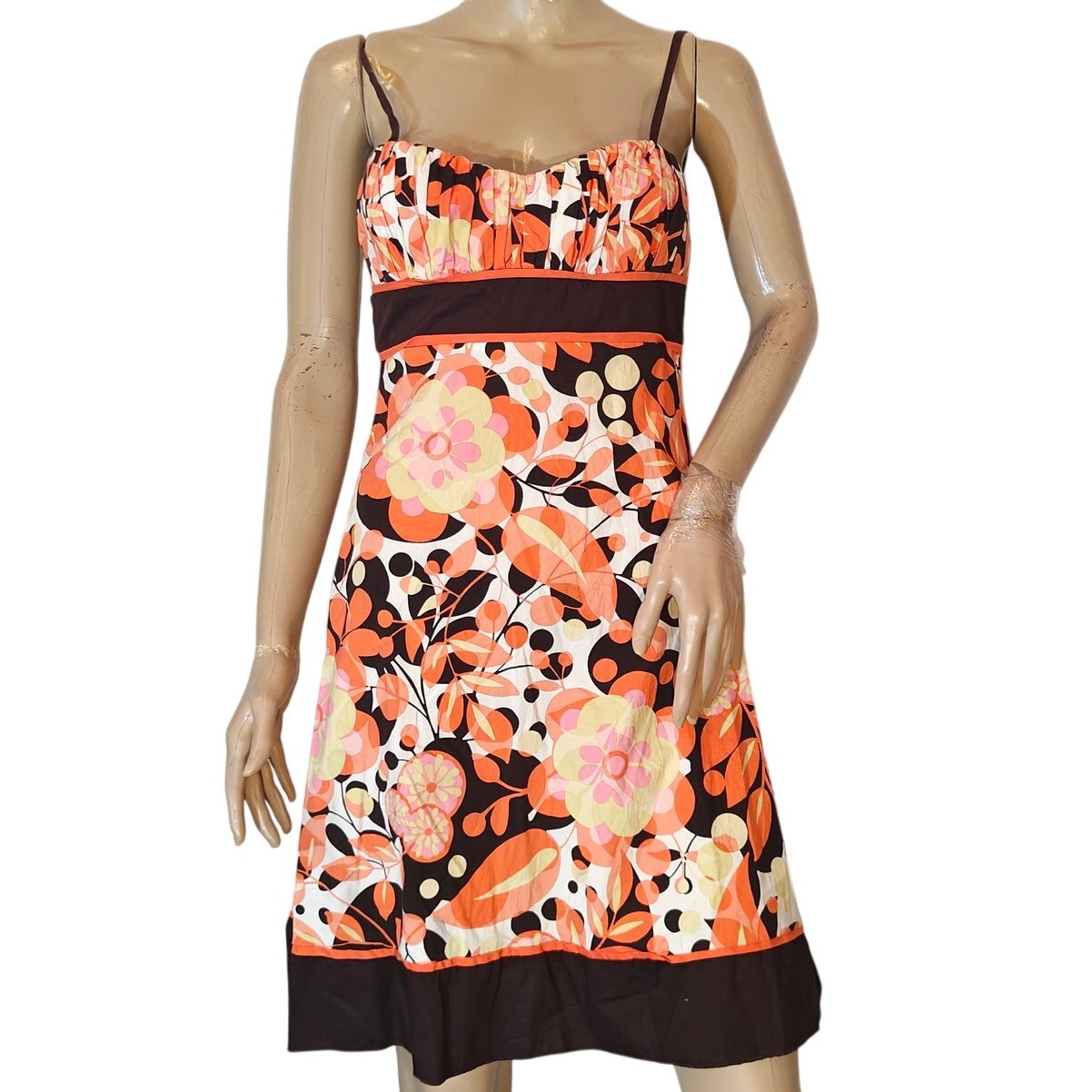 Orange and Brown Floral Empire Waist Midi Dress