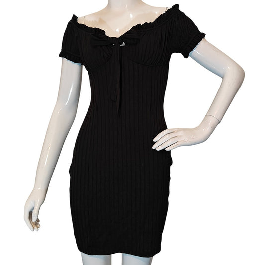 Black Ribbed Off The Shoulder Bodycon Dress
