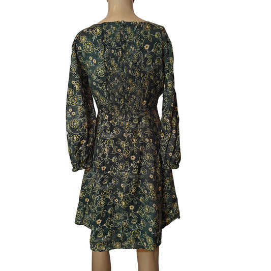 Green and Yellow Floral Long-Sleeve Mini Dress