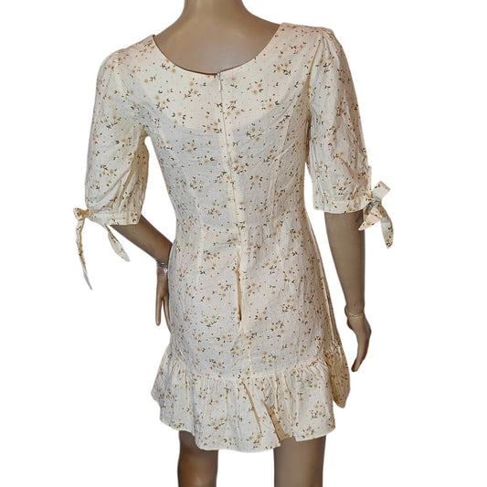Cream Floral Mini Dress With Tie Sleeves