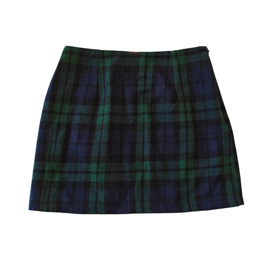 Navy and Green Plaid Wool Mini Skirt