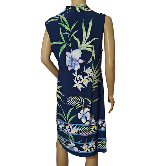 Navy Floral Cowl Neck Sleeveless Dress
