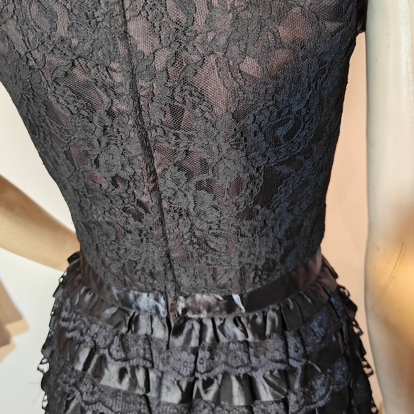 Vintage Marcel Fenez by Roland Klein Black Lace Ruffle Midi Cocktail Dress